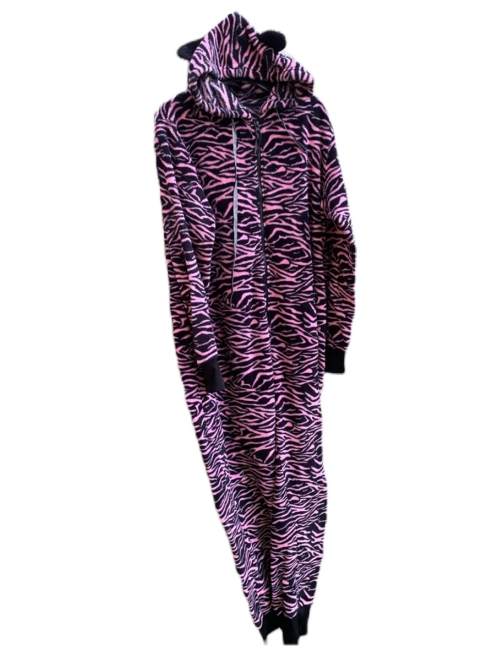 Totally Pink Zebra Print Fuzzy Hooded Onesie Pink and Black Adult Size Large 🦓